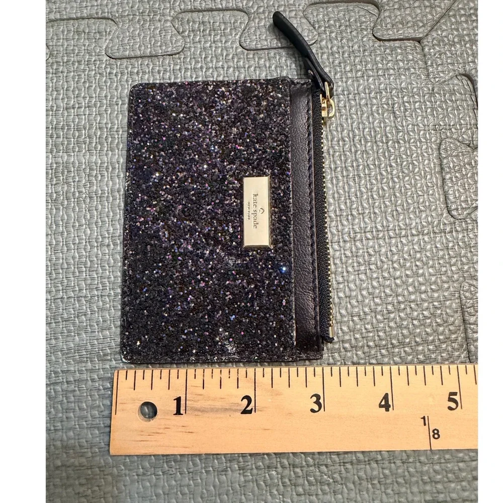 Kate Spade New York Black Purple Glitter Leather Card Holder Zip Wallet Slim